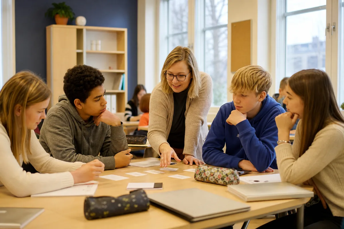 A teacher guides students as they recall and discuss prior knowledge together
