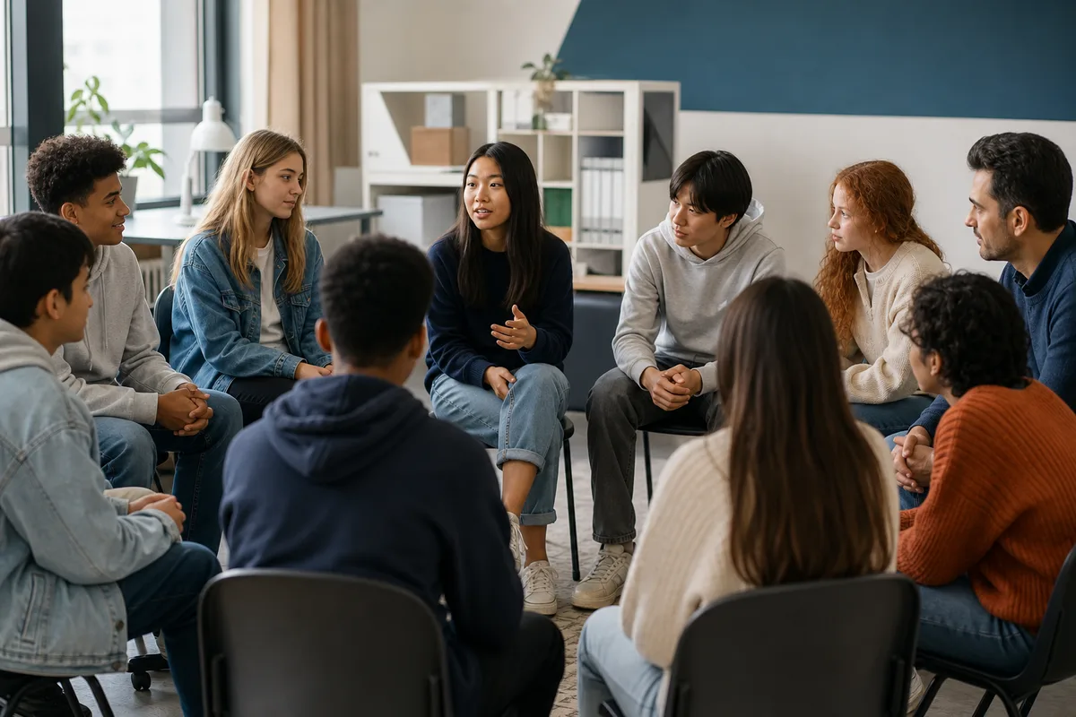 Students and a teacher listen and contribute during a classroom circle discussion