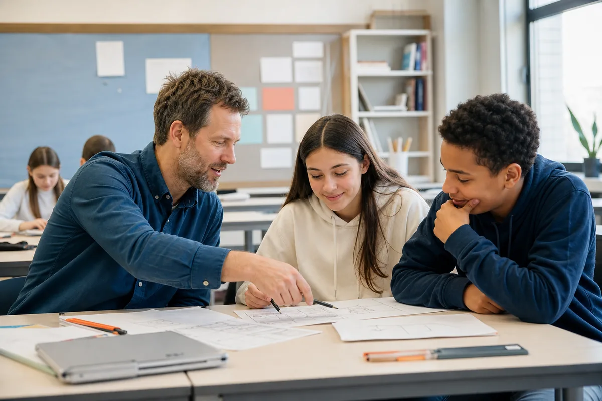 A teacher gives two students supportive feedback as they improve their work
