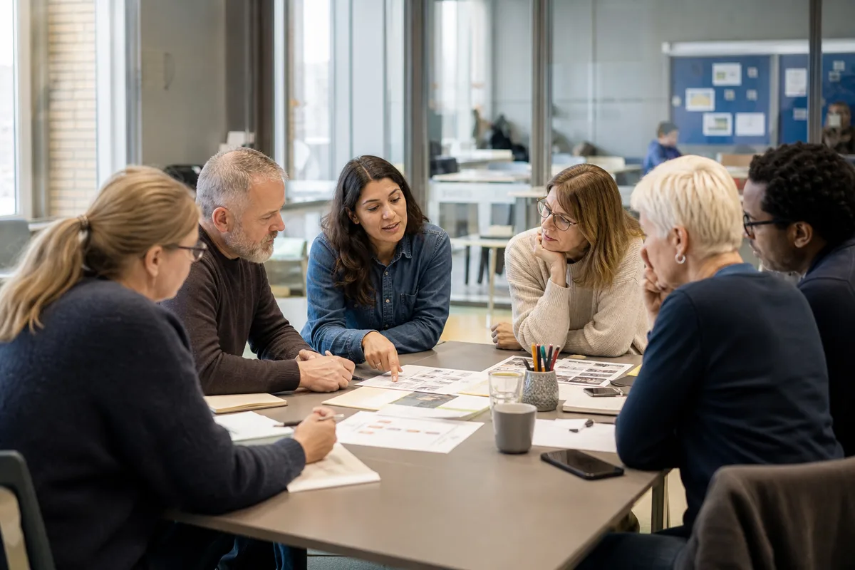 Teachers collaboratively examine learning evidence during a professional learning meeting