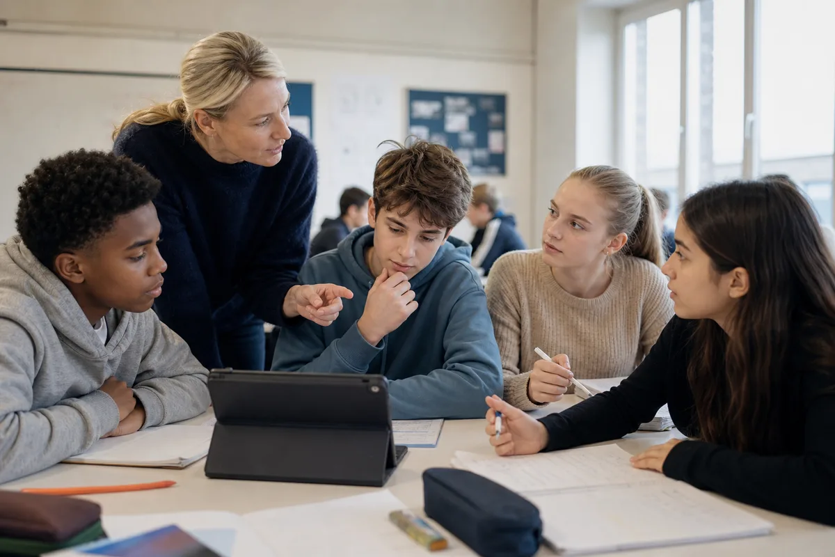 Students use a shared tablet to support discussion and problem solving with their teacher